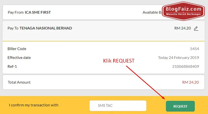 klik request TAC untuk buat bayaran elektrik online
