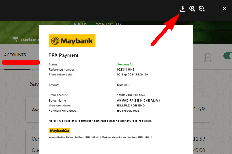 How to retrieve receipt from maybank2u